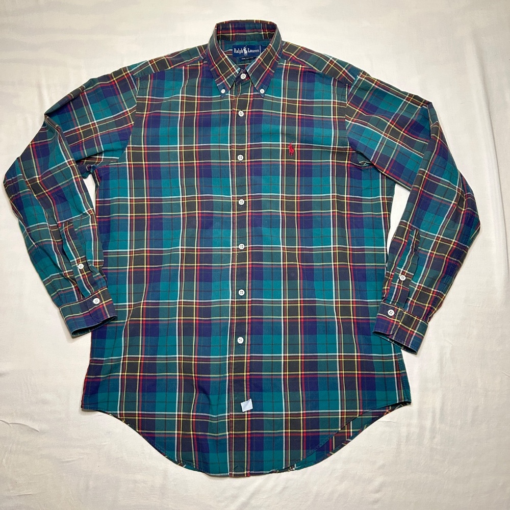 Vtg‎ Polo Ralph Lauren Shirt Mens M Green Red Plaid Button Down Tartan 80s 90s